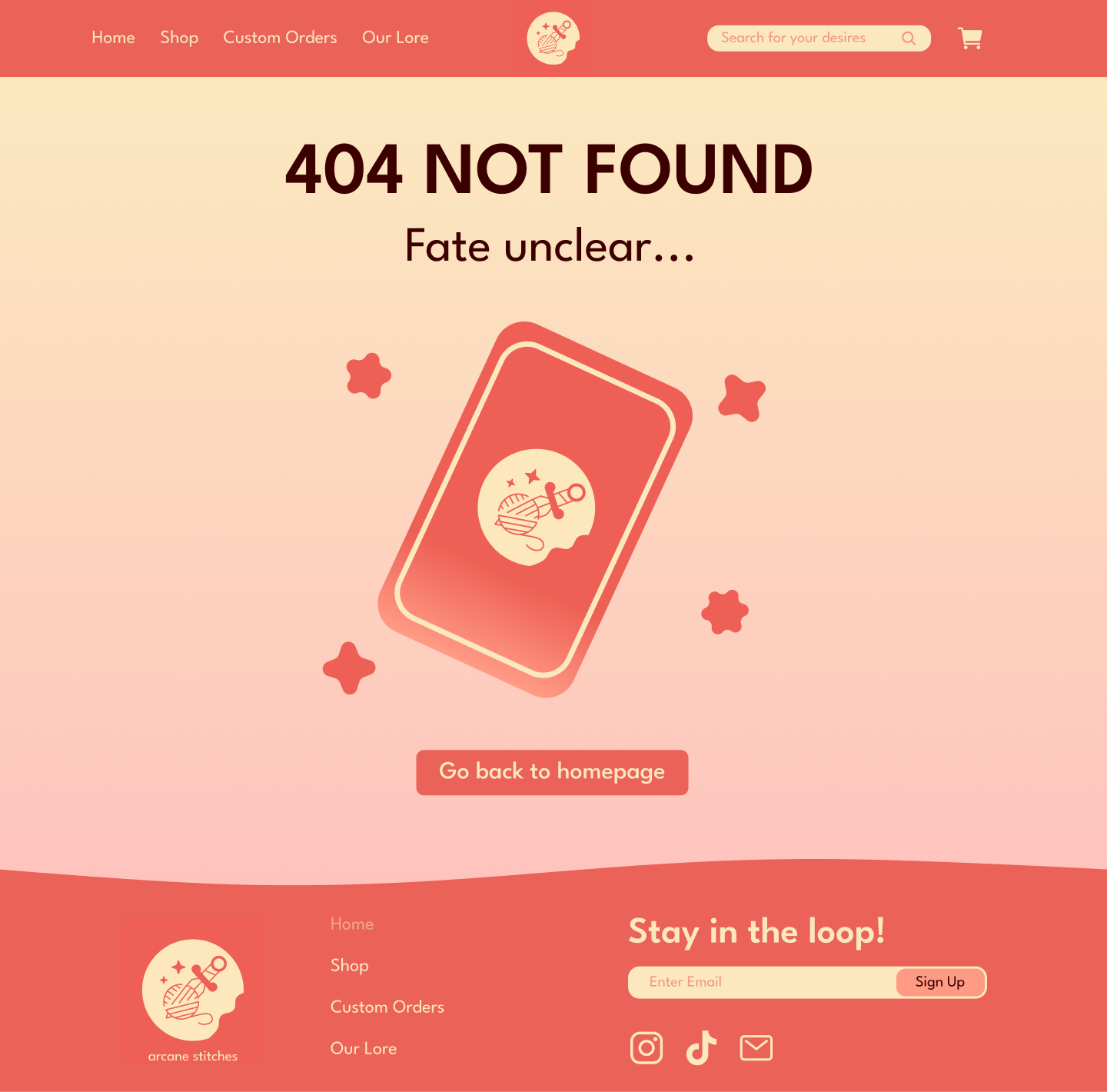 Mockup created via Figma that demonstrates the 404 not found page of the website