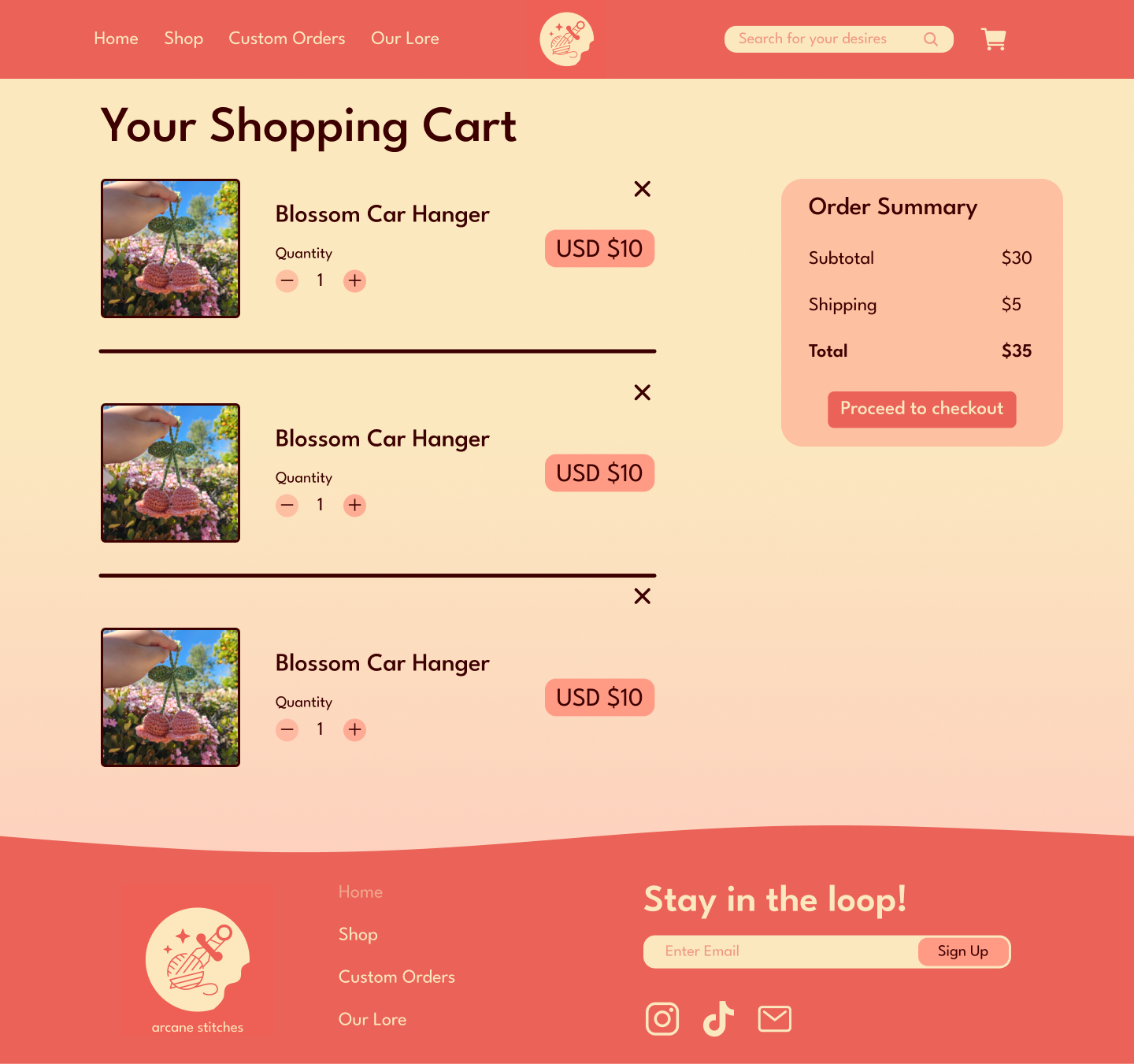 Mockup created via Figma that demonstrates a shopping cart with three template products