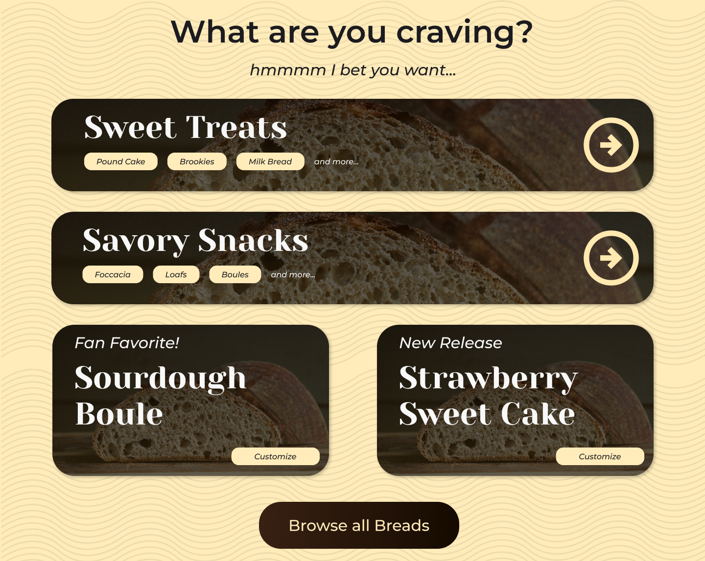 Mockup created via Figma that shows the craving section and options an individual can choose when first browsing the bakery Ecommerce store