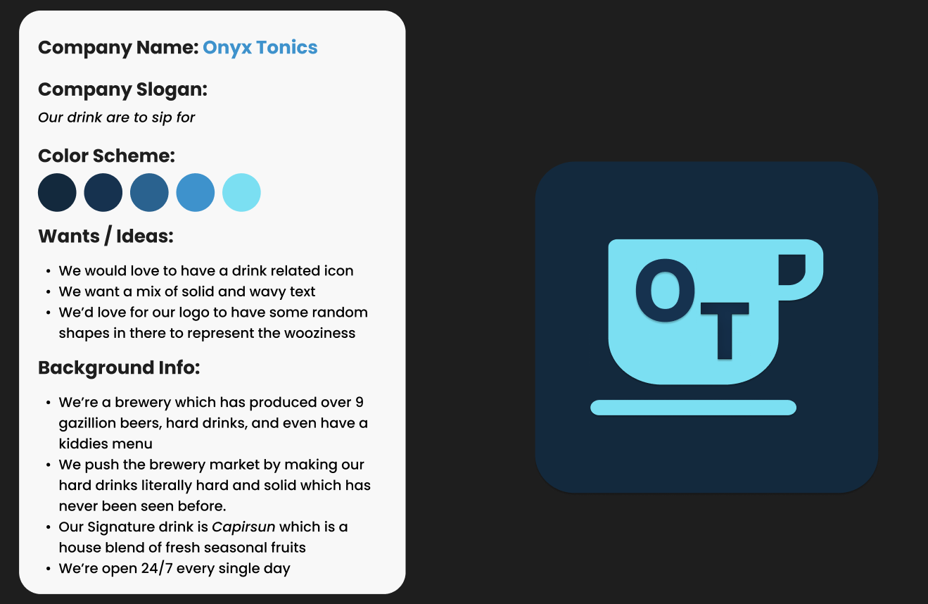 A prompt for a fake company called Onyx Tonics with a logo created a group who attented this workshop